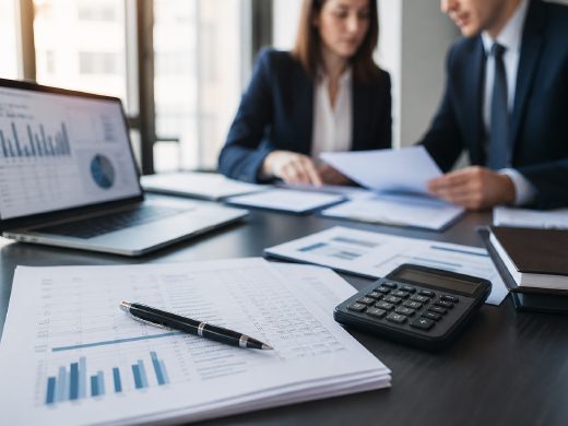 Accountants reviewing corporate financial statements and reports at an office desk